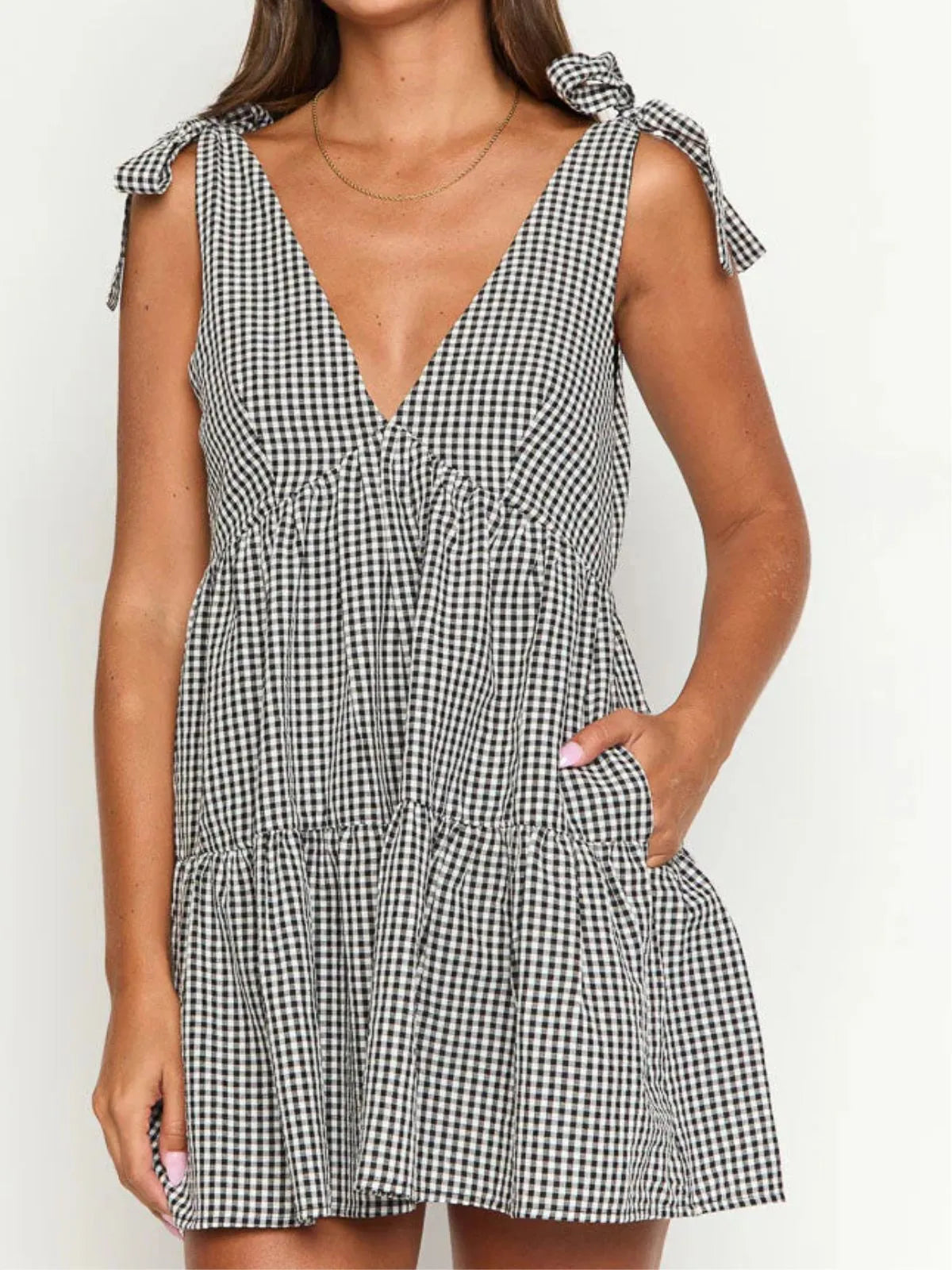 Gingham Plaid Lace-up V-neck Bow A-line Dress for Daily Holiday Vacation Wear