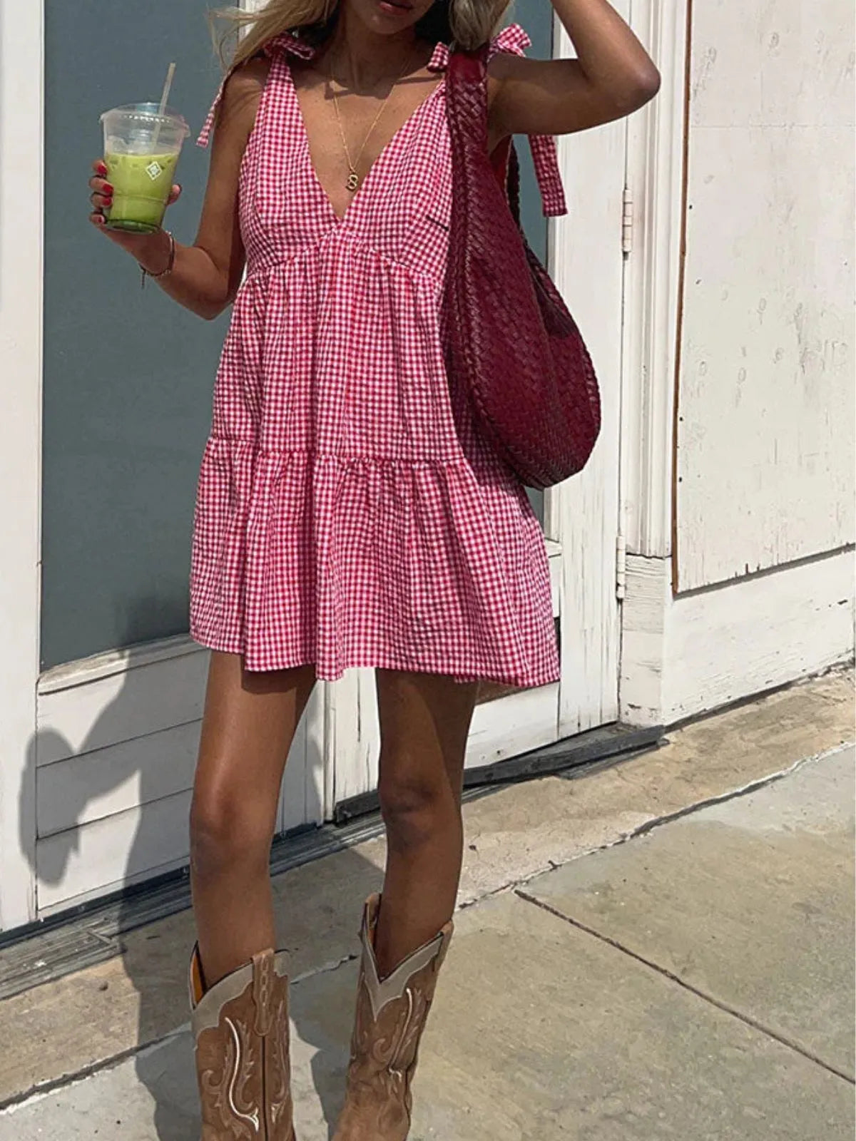 Gingham Plaid Lace-up V-neck Bow A-line Dress for Daily Holiday Vacation Wear