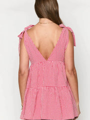 Gingham Plaid Lace-up V-neck Bow A-line Dress for Daily Holiday Vacation Wear