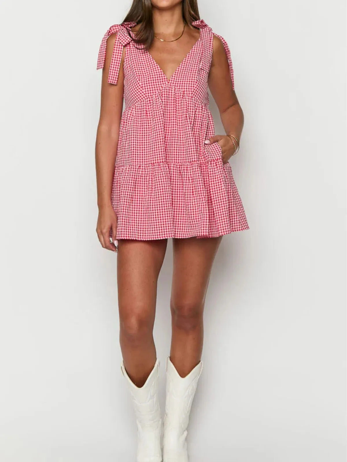 Gingham Plaid Lace-up V-neck Bow A-line Dress for Daily Holiday Vacation Wear