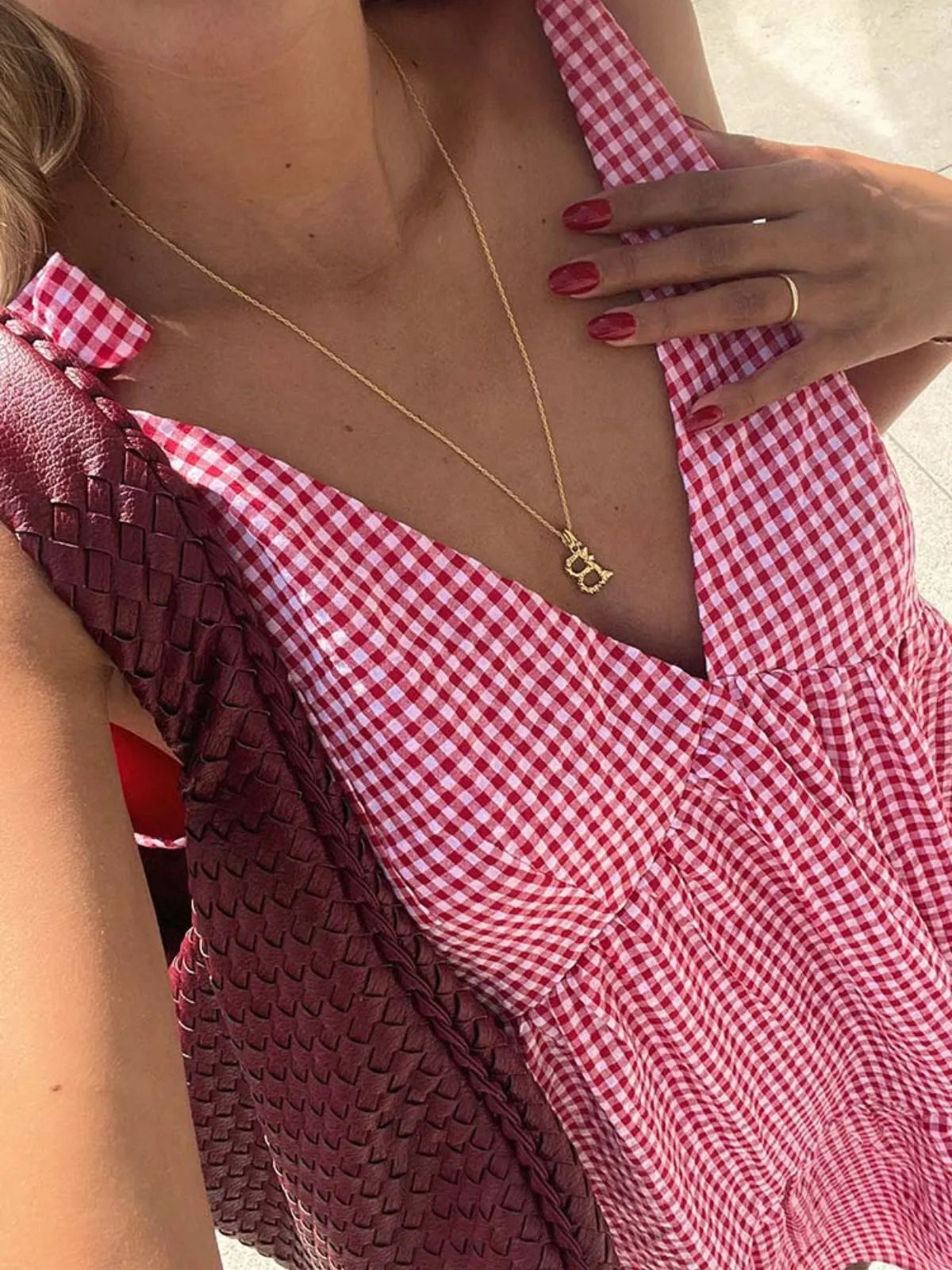 Gingham Plaid Lace-up V-neck Bow A-line Dress for Daily Holiday Vacation Wear