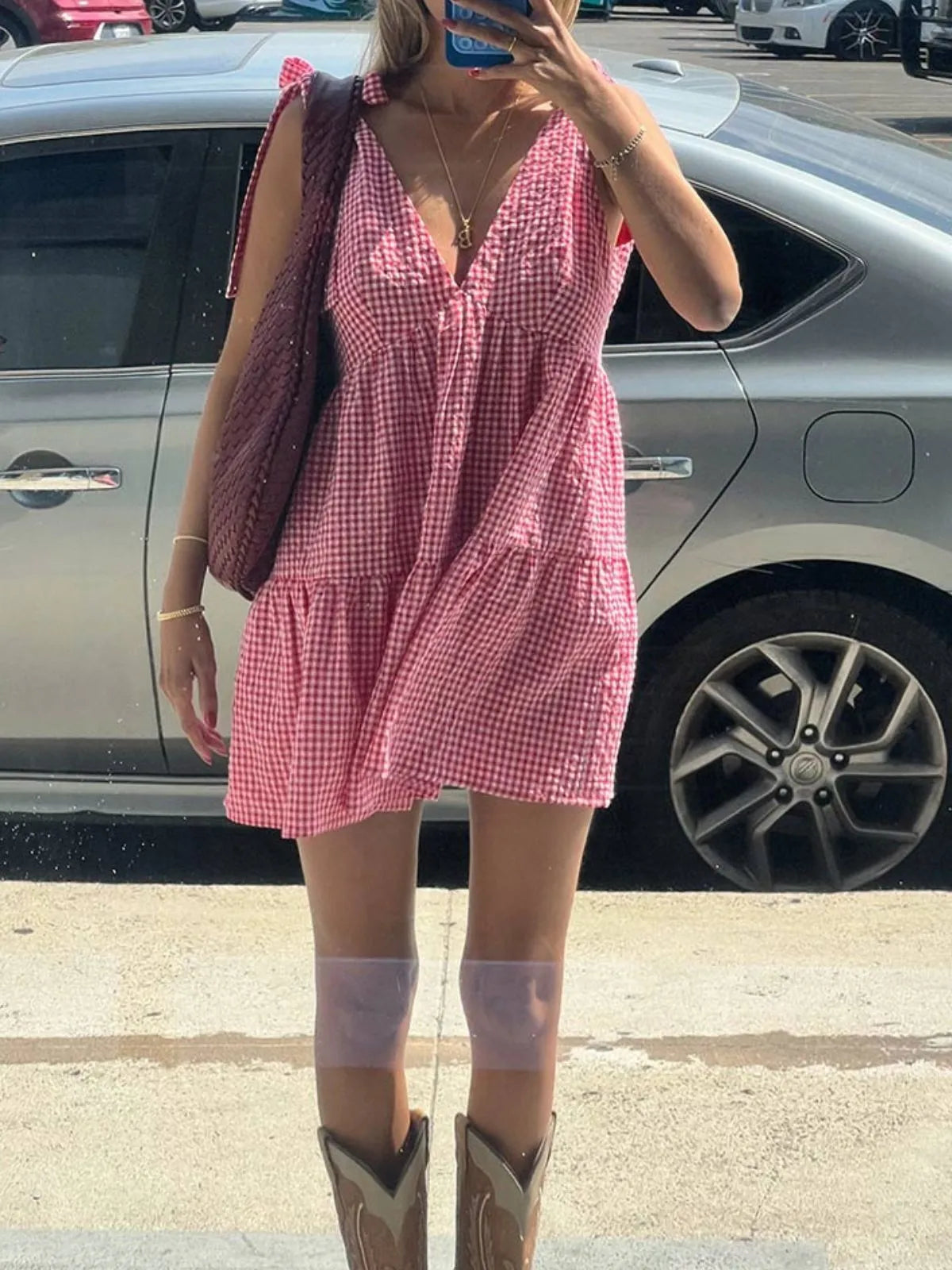 Gingham Plaid Lace-up V-neck Bow A-line Dress for Daily Holiday Vacation Wear