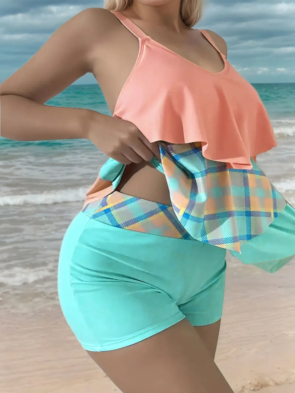 Gingham Plaid Patchwork Medium Rise Tankini