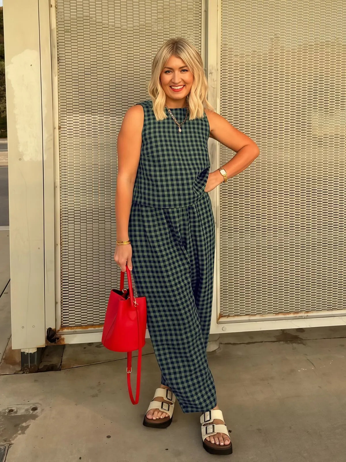 Gingham Plaid Round Neck Pocket Sleeveless Crop Tank & Gingham Plaid Wide Leg Pants, Women 2 Piece Sets