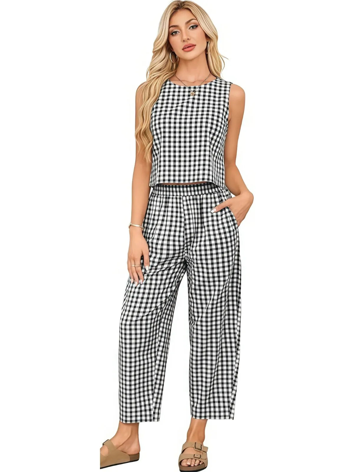 Gingham Plaid Round Neck Pocket Sleeveless Crop Tank & Gingham Plaid Wide Leg Pants, Women 2 Piece Sets