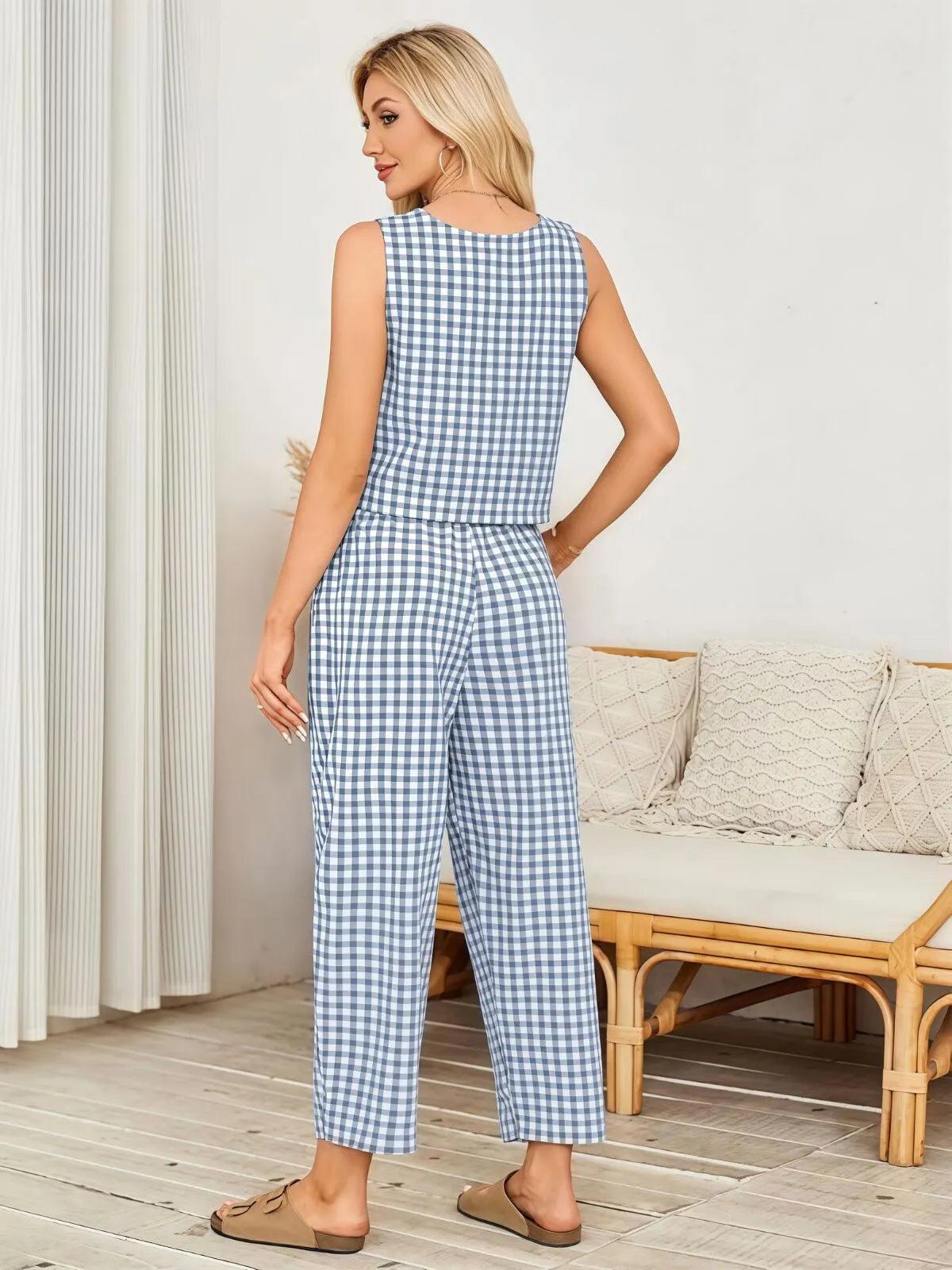 Gingham Plaid Round Neck Pocket Sleeveless Crop Tank & Gingham Plaid Wide Leg Pants, Women 2 Piece Sets