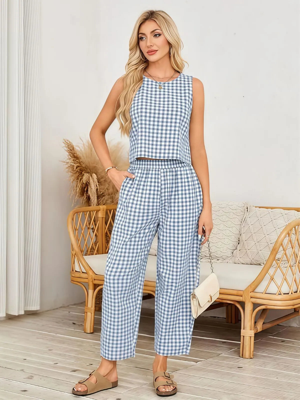 Gingham Plaid Round Neck Pocket Sleeveless Crop Tank & Gingham Plaid Wide Leg Pants, Women 2 Piece Sets