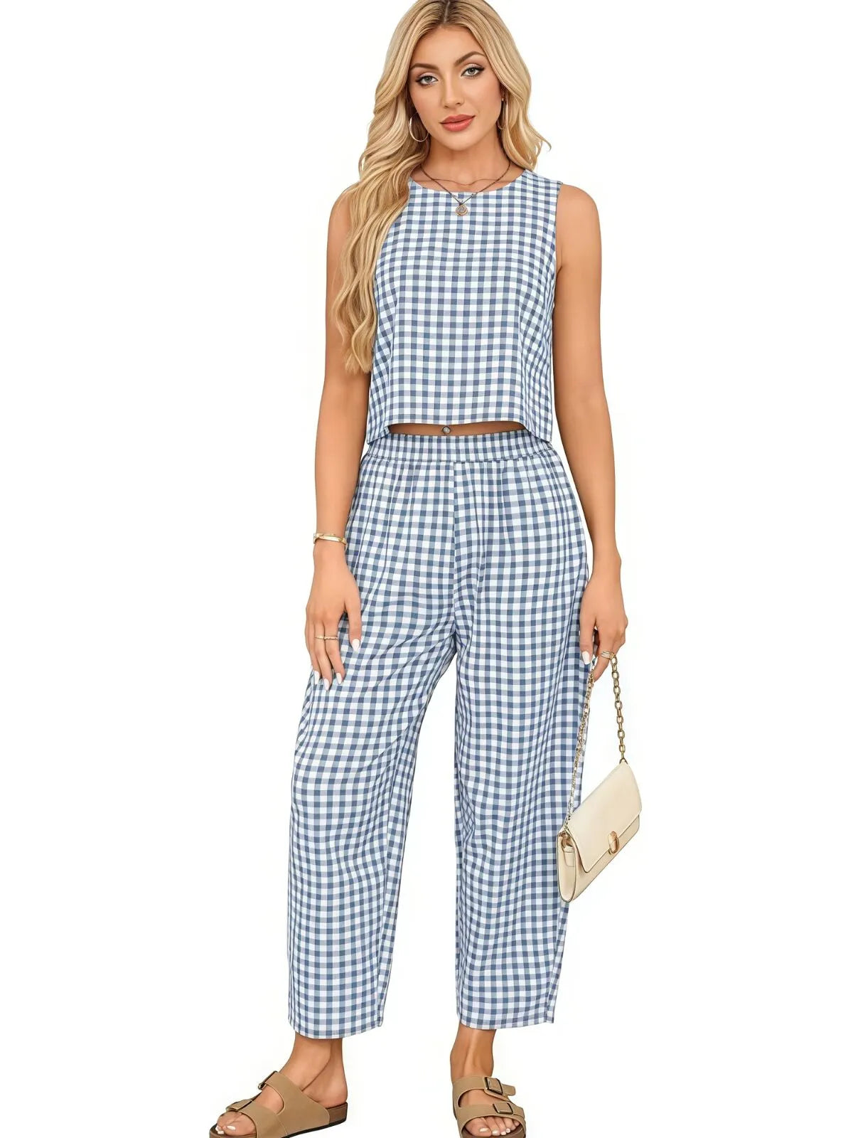 Gingham Plaid Round Neck Pocket Sleeveless Crop Tank & Gingham Plaid Wide Leg Pants, Women 2 Piece Sets