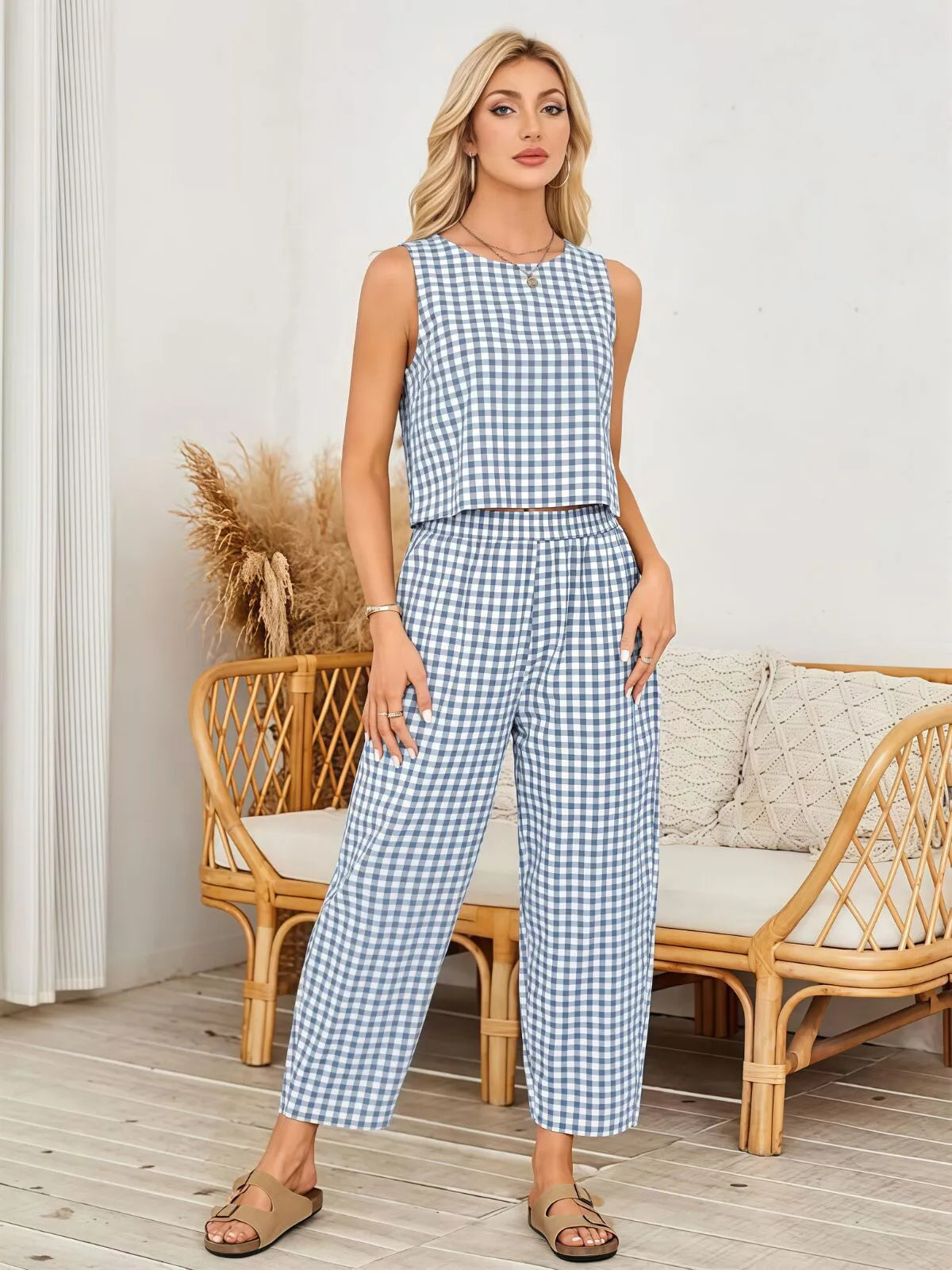 Gingham Plaid Round Neck Pocket Sleeveless Crop Tank & Gingham Plaid Wide Leg Pants, Women 2 Piece Sets