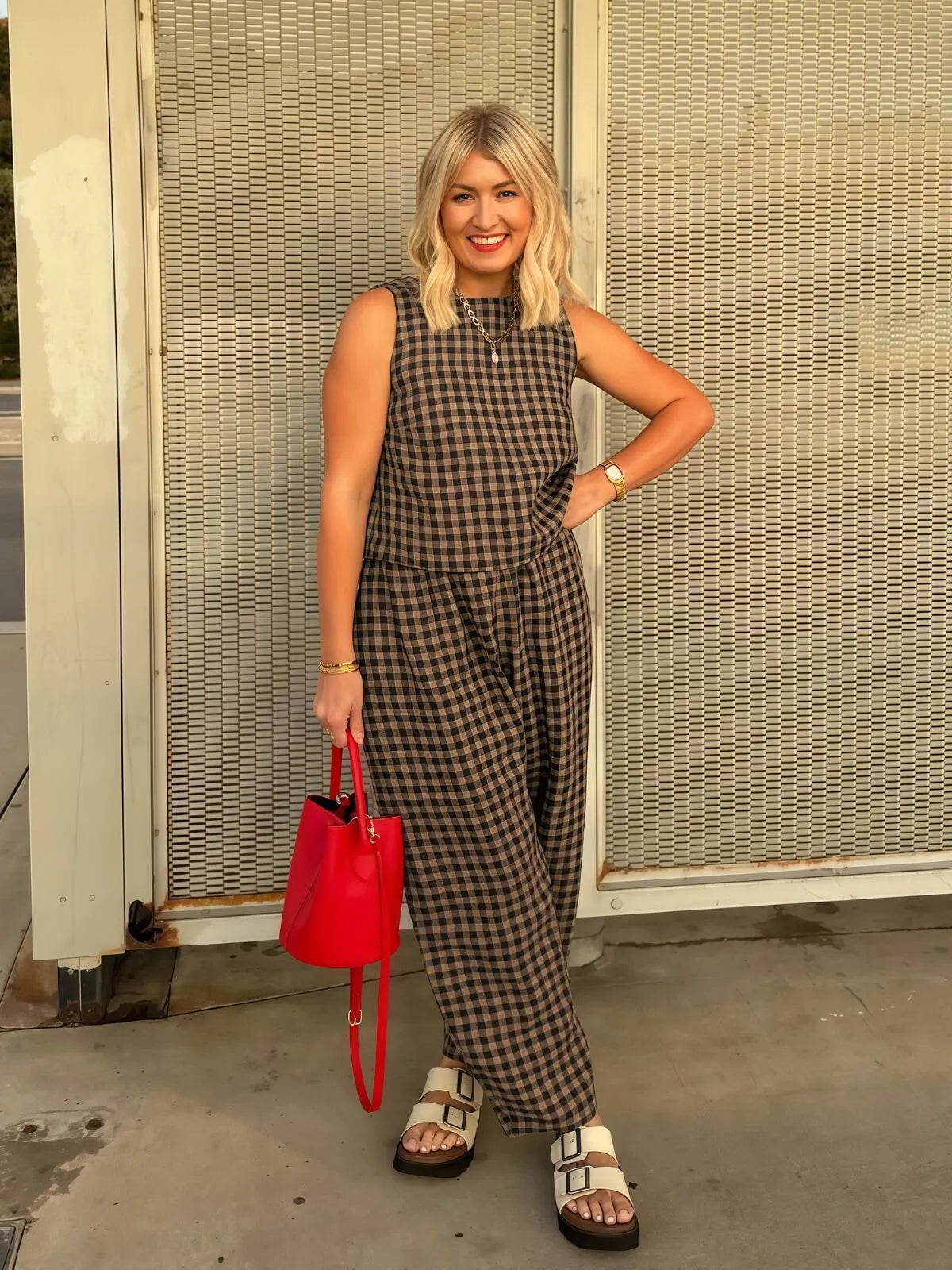 Gingham Plaid Round Neck Pocket Sleeveless Crop Tank & Gingham Plaid Wide Leg Pants, Women 2 Piece Sets