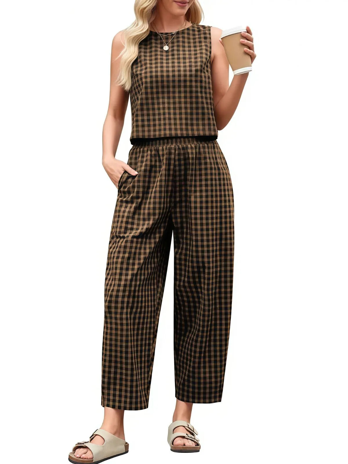 Gingham Plaid Round Neck Pocket Sleeveless Crop Tank & Gingham Plaid Wide Leg Pants, Women 2 Piece Sets