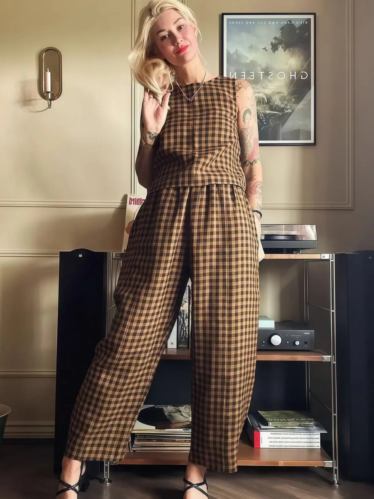 Gingham Plaid Round Neck Pocket Sleeveless Crop Tank & Gingham Plaid Wide Leg Pants, Women 2 Piece Sets