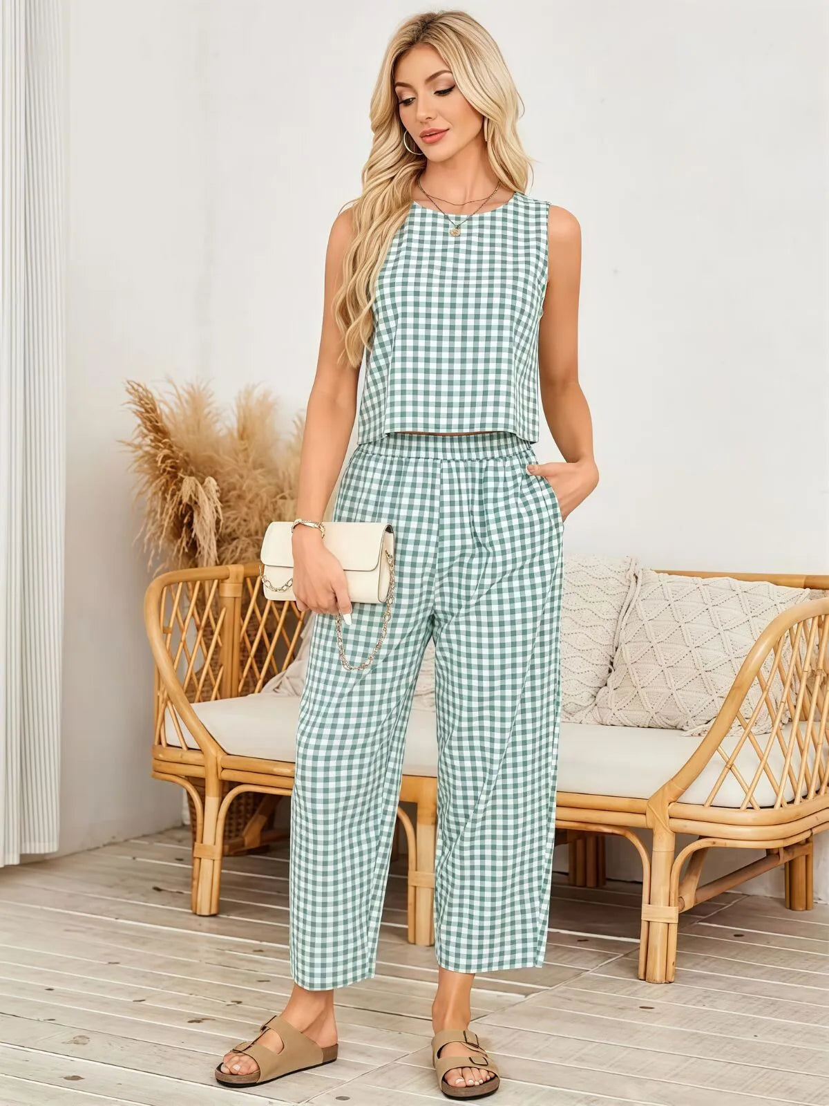 Gingham Plaid Round Neck Pocket Sleeveless Crop Tank & Gingham Plaid Wide Leg Pants, Women 2 Piece Sets