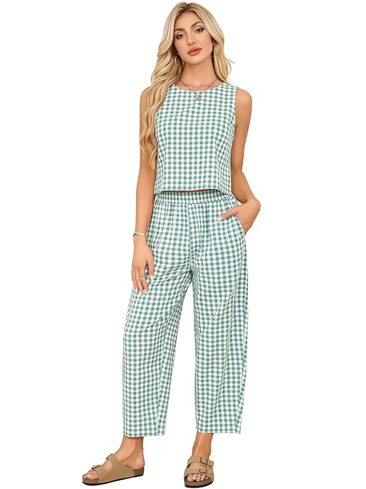 Gingham Plaid Round Neck Pocket Sleeveless Crop Tank & Gingham Plaid Wide Leg Pants, Women 2 Piece Sets