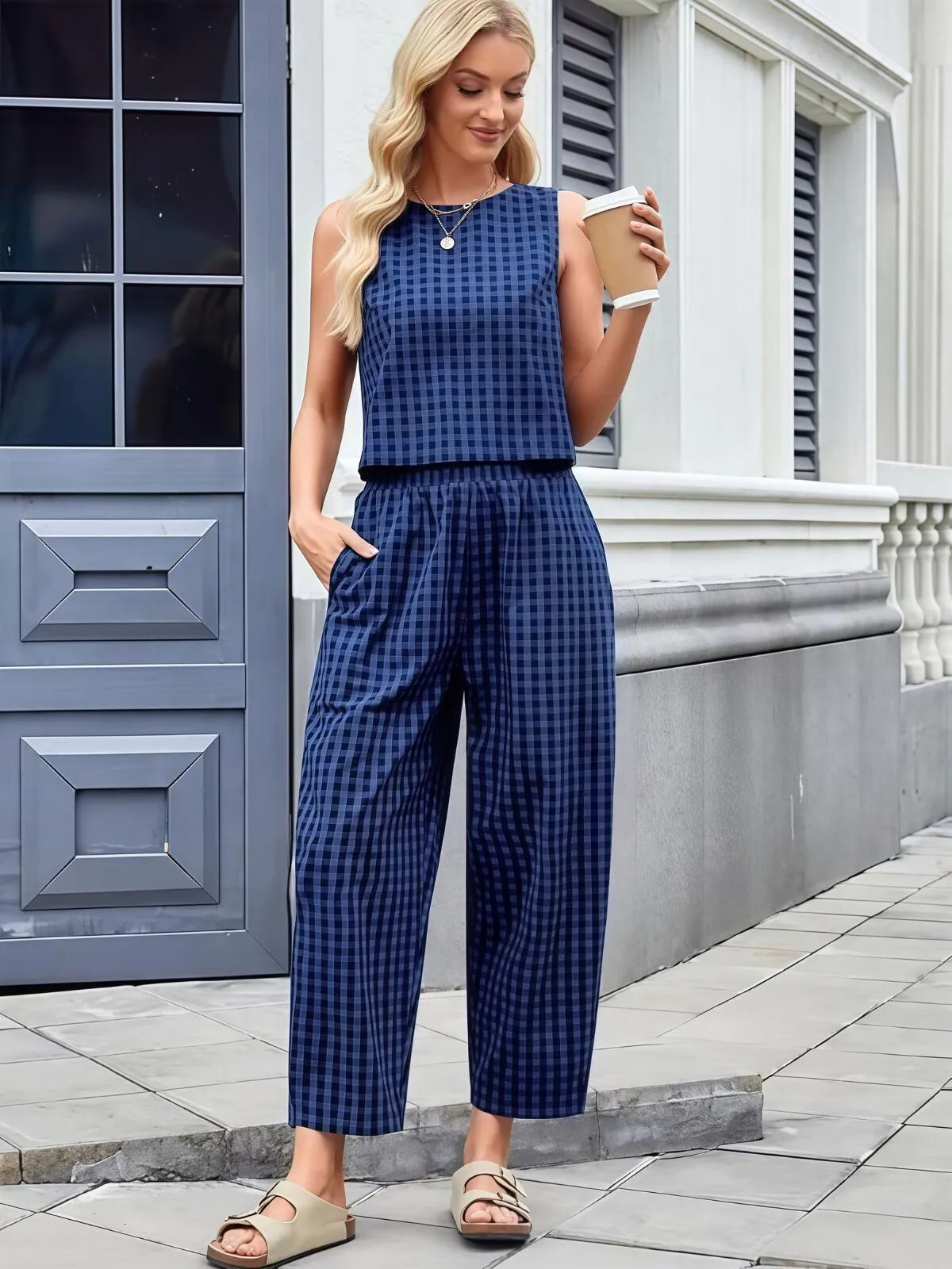Gingham Plaid Round Neck Pocket Sleeveless Crop Tank & Gingham Plaid Wide Leg Pants, Women 2 Piece Sets