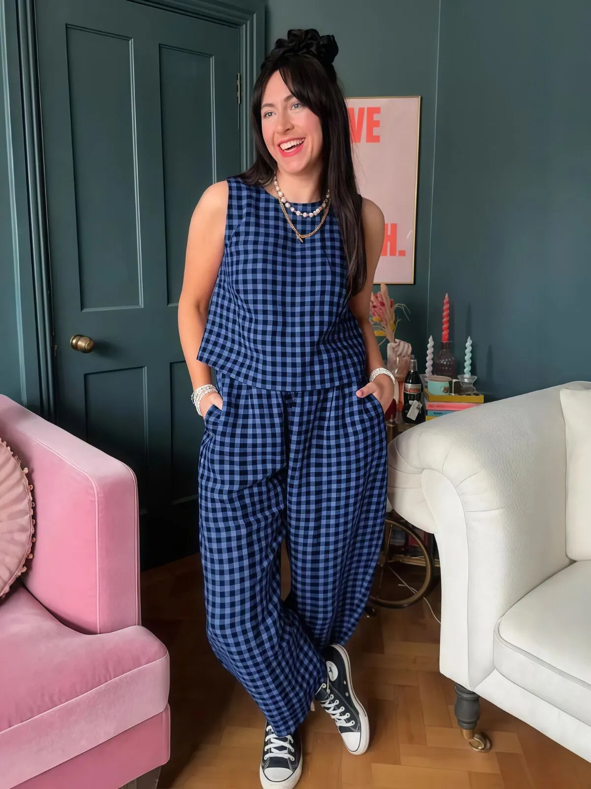 Gingham Plaid Round Neck Pocket Sleeveless Crop Tank & Gingham Plaid Wide Leg Pants, Women 2 Piece Sets