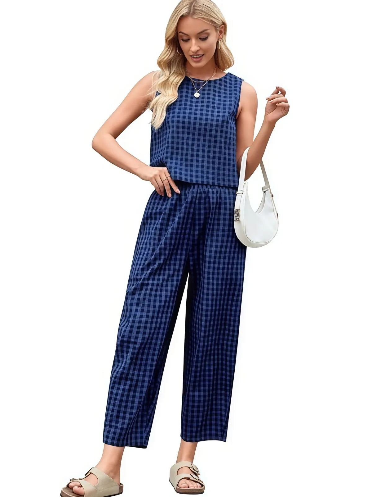 Gingham Plaid Round Neck Pocket Sleeveless Crop Tank & Gingham Plaid Wide Leg Pants, Women 2 Piece Sets
