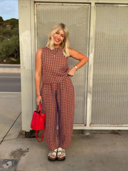 Gingham Plaid Round Neck Pocket Sleeveless Crop Tank & Gingham Plaid Wide Leg Pants, Women 2 Piece Sets