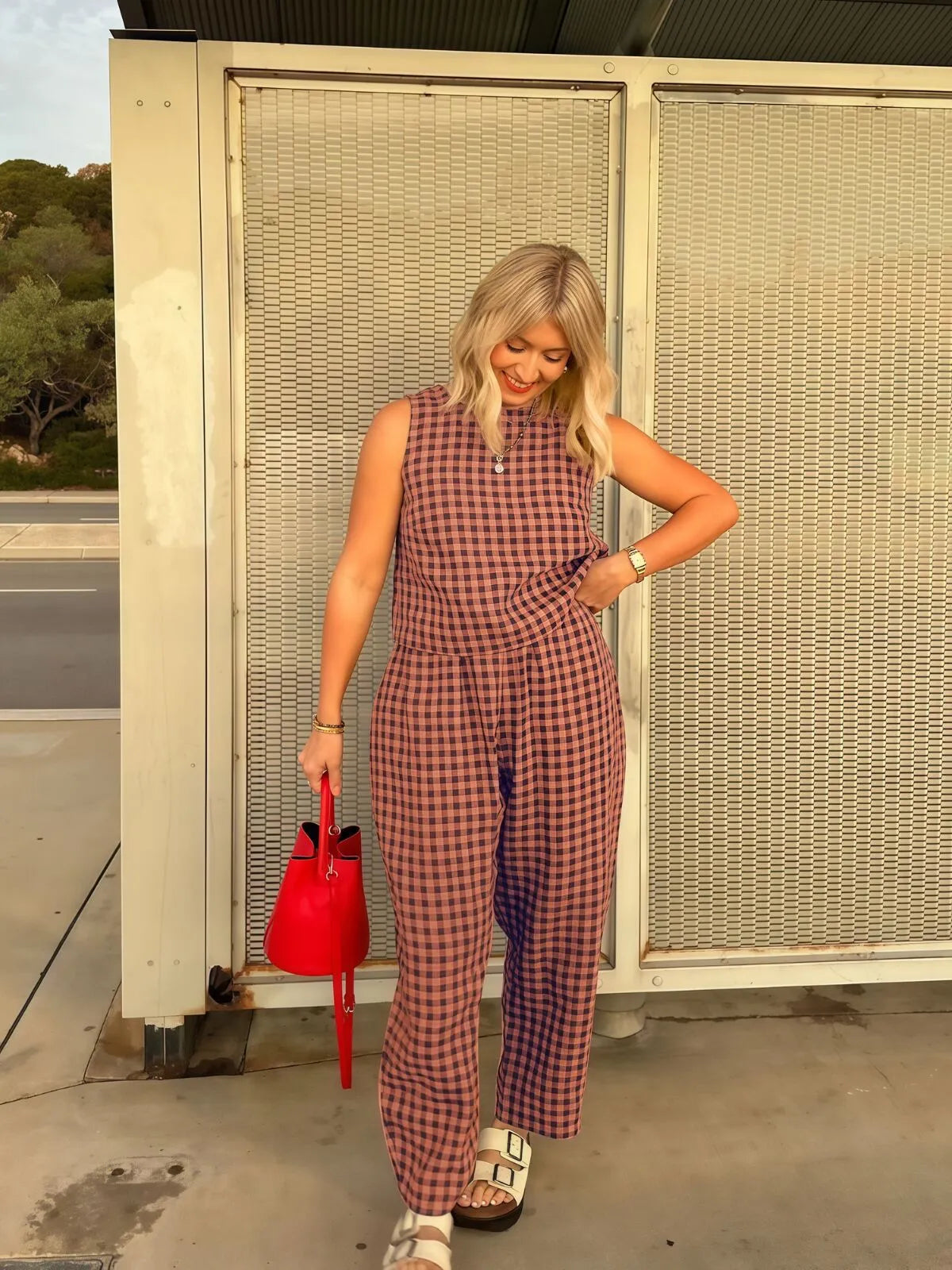 Gingham Plaid Round Neck Pocket Sleeveless Crop Tank & Gingham Plaid Wide Leg Pants, Women 2 Piece Sets