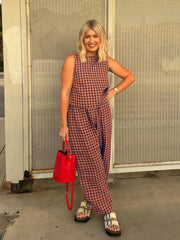 Gingham Plaid Round Neck Pocket Sleeveless Crop Tank & Gingham Plaid Wide Leg Pants, Women 2 Piece Sets