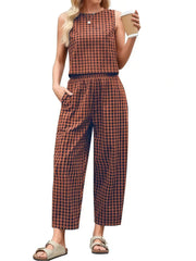 Gingham Plaid Round Neck Pocket Sleeveless Crop Tank & Gingham Plaid Wide Leg Pants, Women 2 Piece Sets
