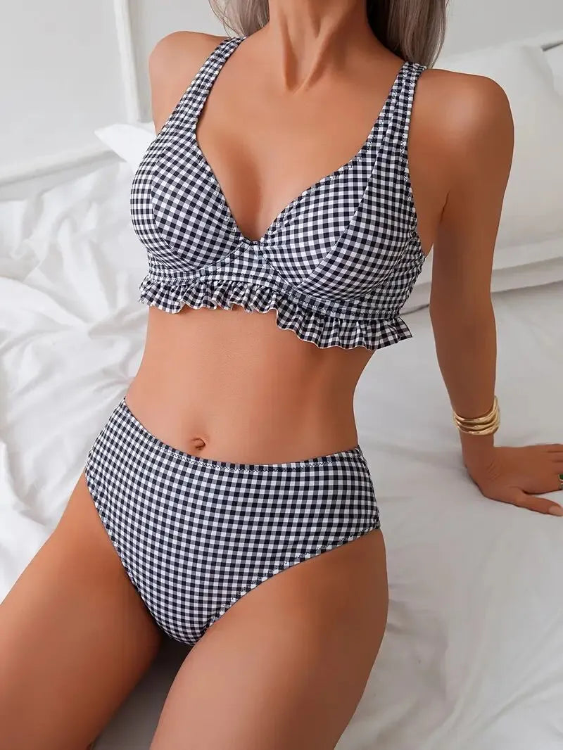 Gingham Plaid Ruffles Spaghetti Strap Bikini 