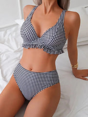 Gingham Plaid Ruffles Spaghetti Strap Bikini 