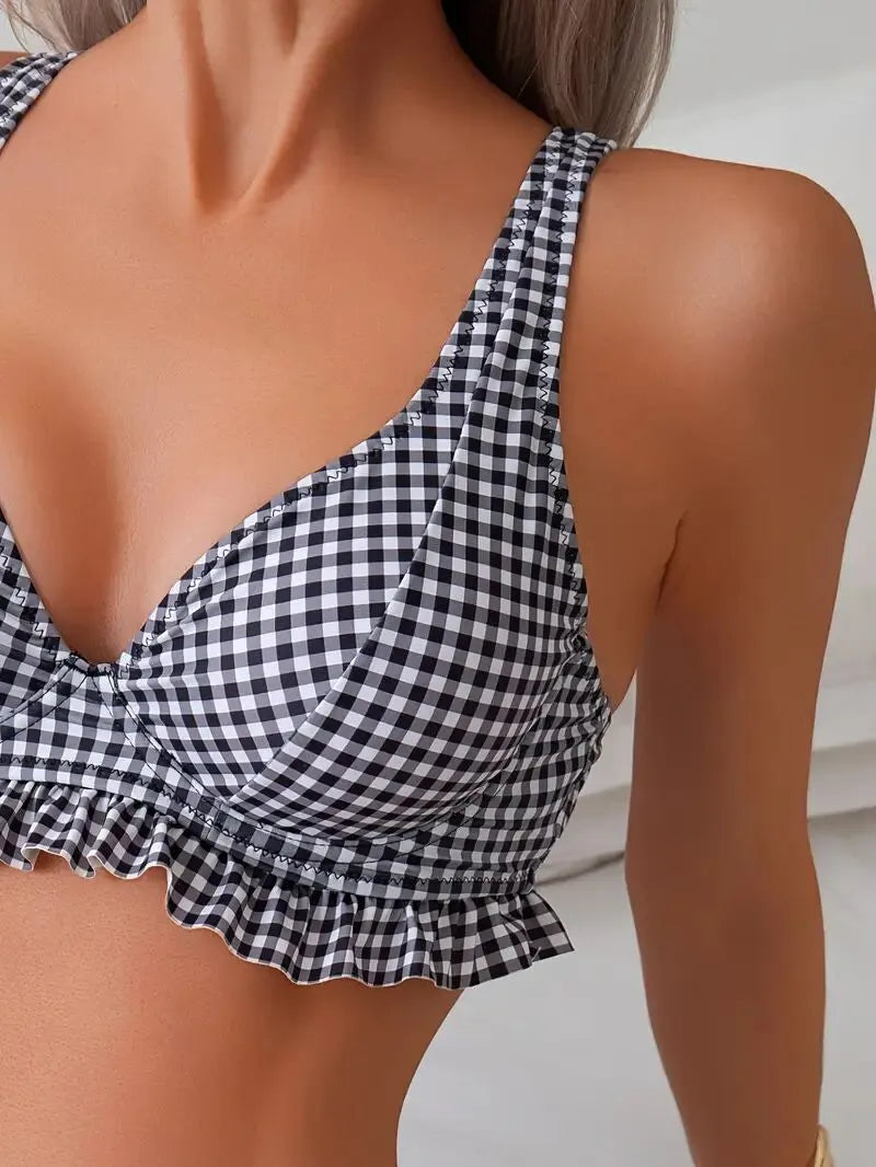 Gingham Plaid Ruffles Spaghetti Strap Bikini 