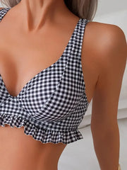 Gingham Plaid Ruffles Spaghetti Strap Bikini 