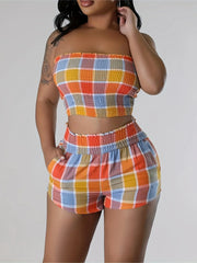 Gingham Plaid Strapless Crop Top & Gingham Plaid Shorts