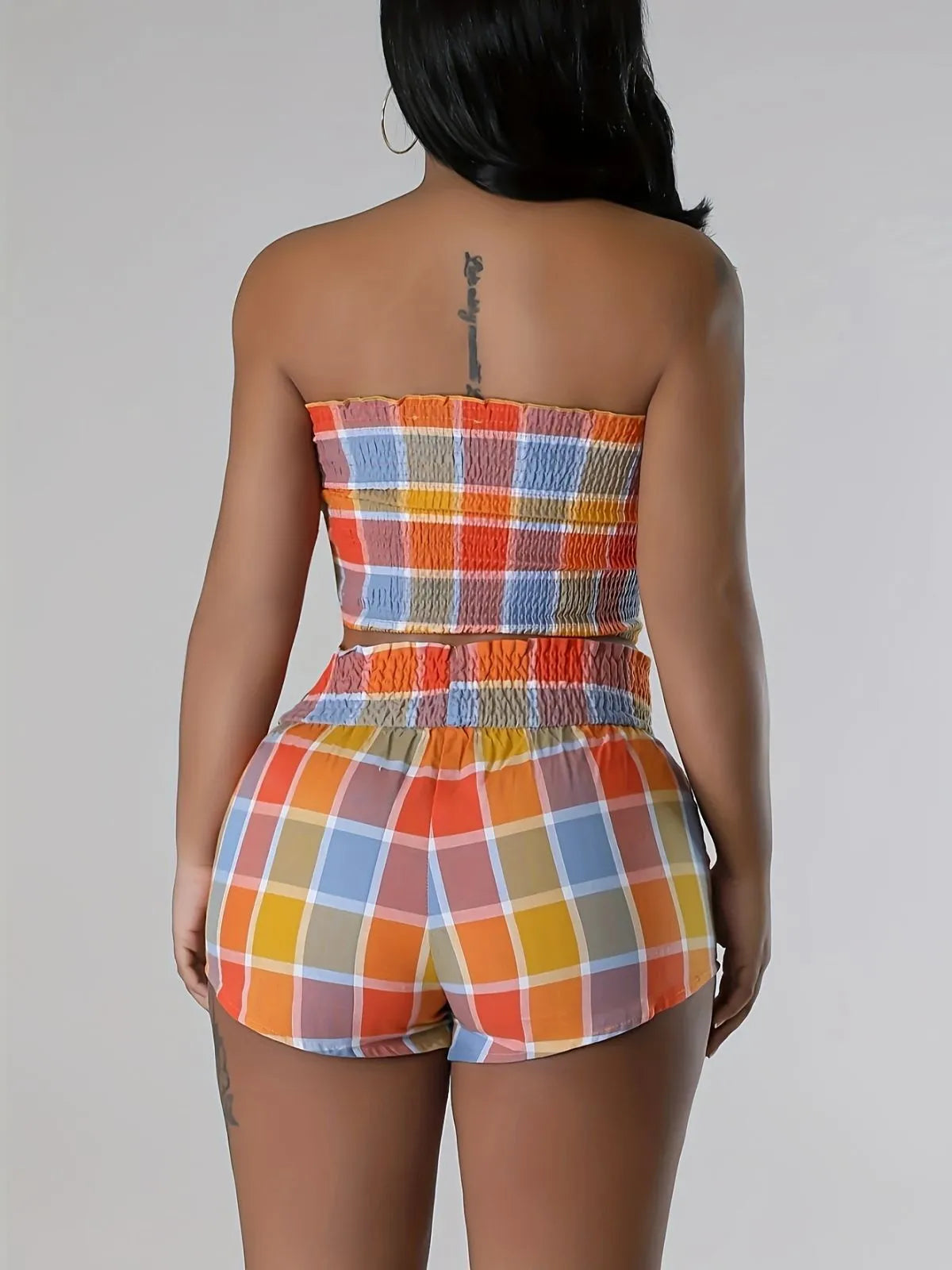 Gingham Plaid Strapless Crop Top & Gingham Plaid Shorts