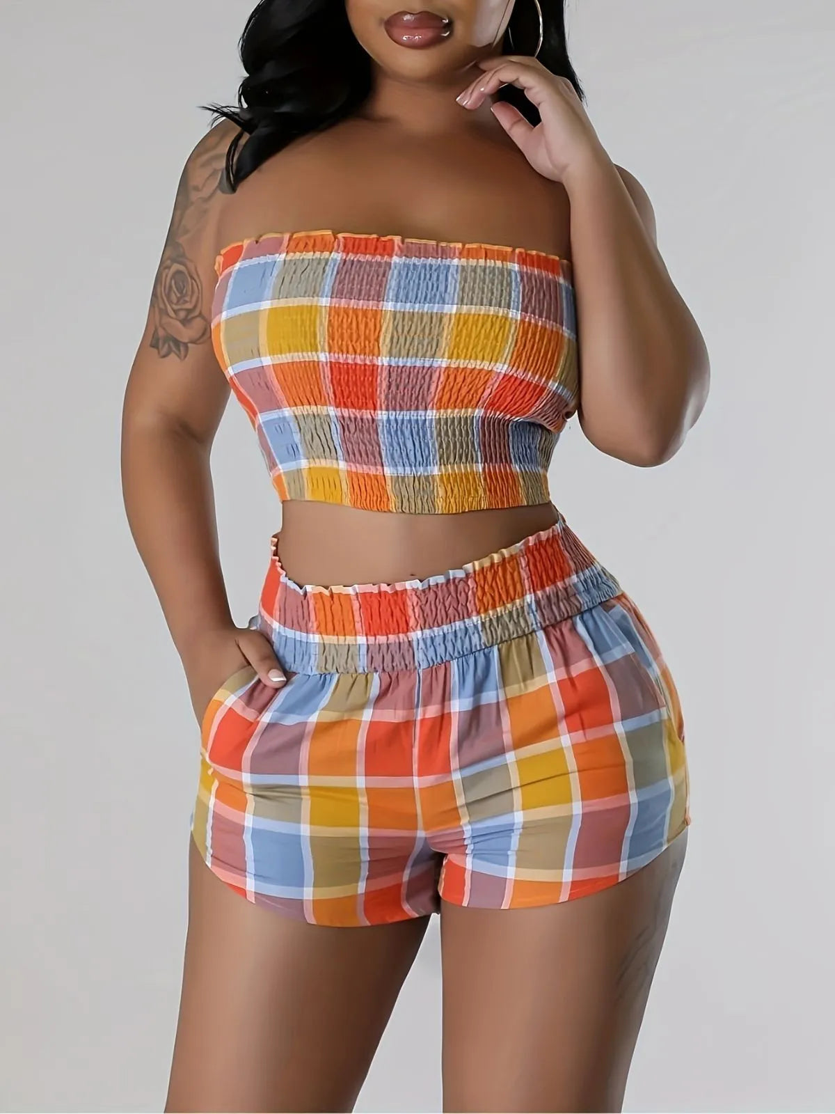 Gingham Plaid Strapless Crop Top & Gingham Plaid Shorts