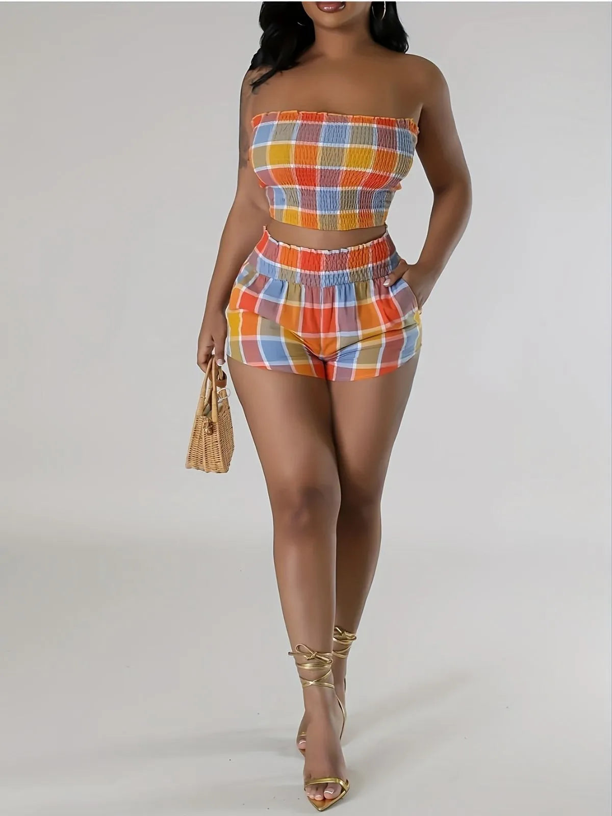 Gingham Plaid Strapless Crop Top & Gingham Plaid Shorts