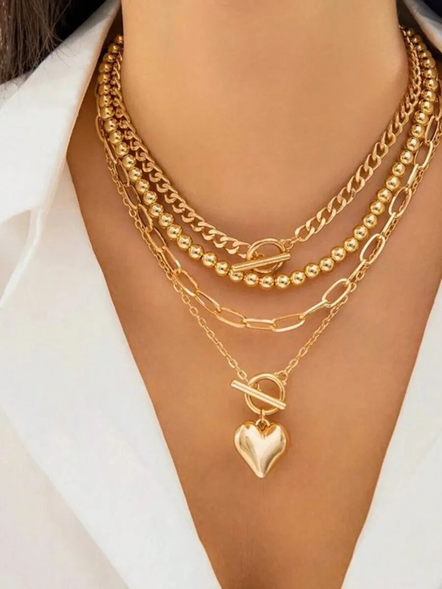 Glamorous Style 4pcs Solid Chain Heart Alloy Necklaces