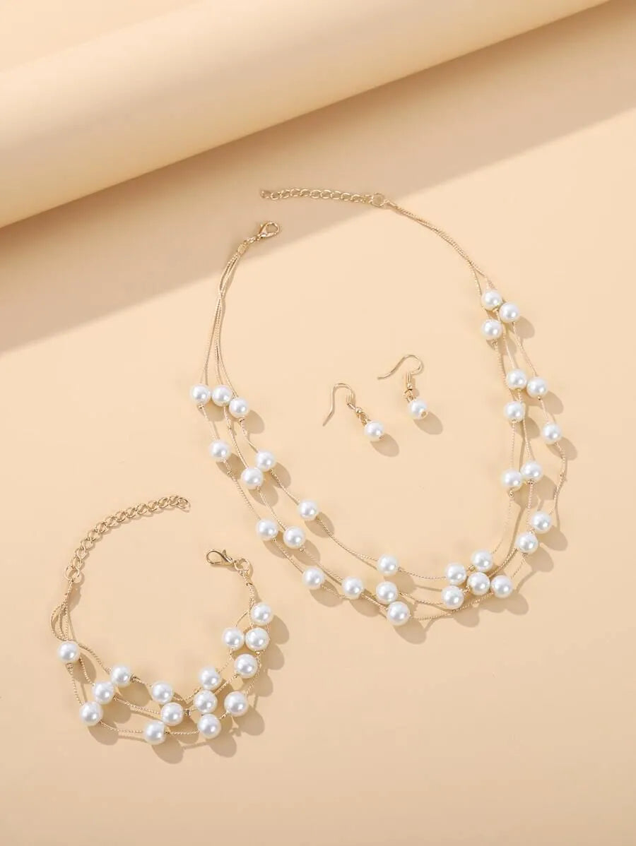Glamorous Style 4pcs Solid Pearl Alloy Necklaces & Earrings