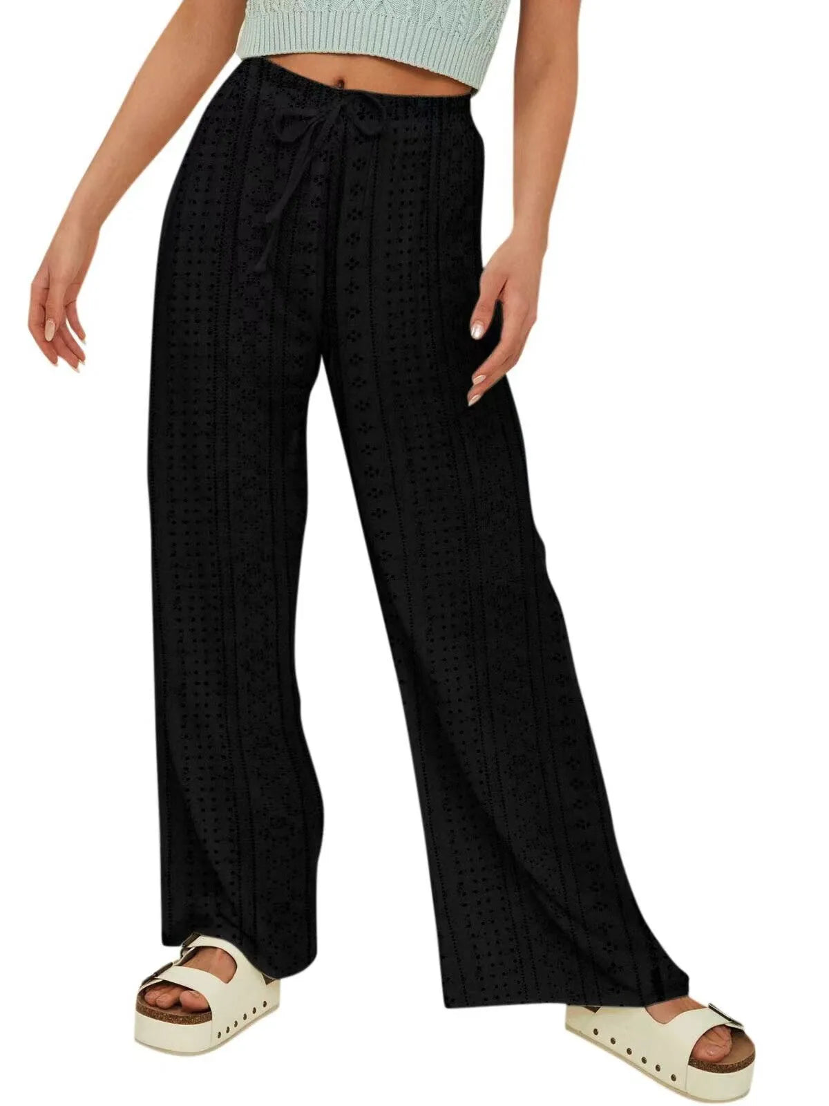 Gothic Lace Accent Distressed Hem Palazzo Pant