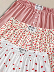3-Pack Solid Heart Ditsy Floral Woven Fabric Short Pajama Bottom