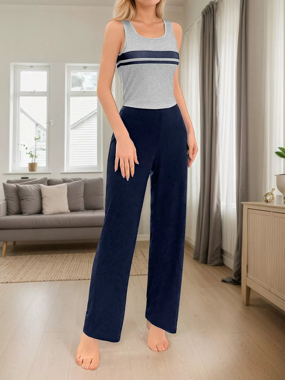 Solid Sleeveless Tank Pajama Pants Set