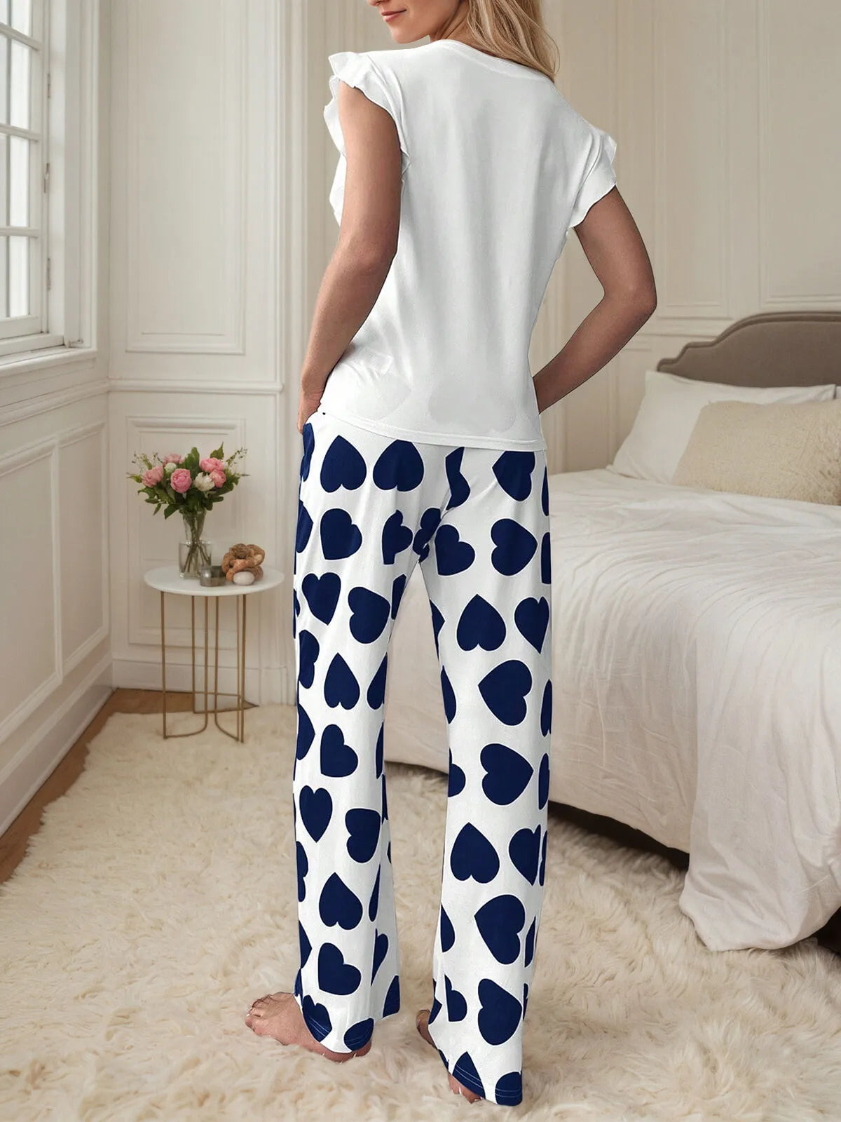 Heart Print Flounce Short Sleeve Pajama Pants Set