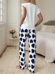 Heart Print Flounce Short Sleeve Pajama Pants Set