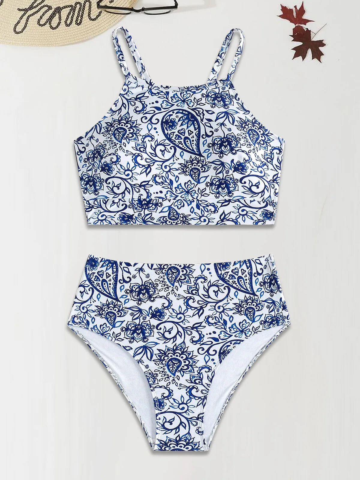 Graphic Backless High Rise Halter Tankini