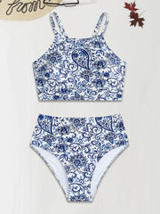 Graphic Backless High Rise Halter Tankini