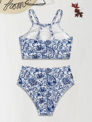 Graphic Backless High Rise Halter Tankini