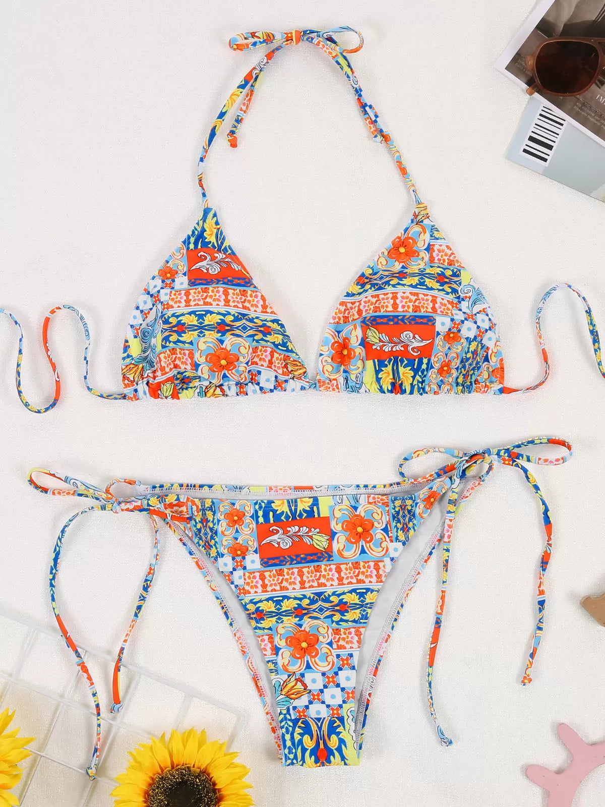 Tribal Backless Low Rise Halter Bikini