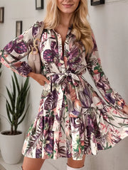 Plants Belt Lapel Skater Dress