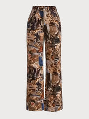 Graphic Button Medium Rise Button Fly Straight Leg Pants