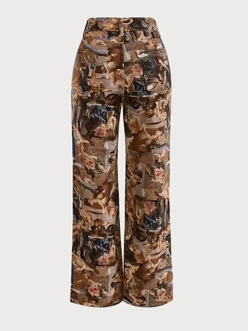 Graphic Button Medium Rise Button Fly Straight Leg Pants