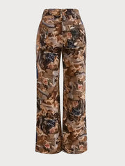 Graphic Button Medium Rise Button Fly Straight Leg Pants