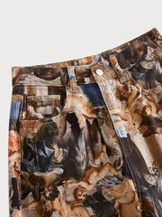 Graphic Button Medium Rise Button Fly Straight Leg Pants