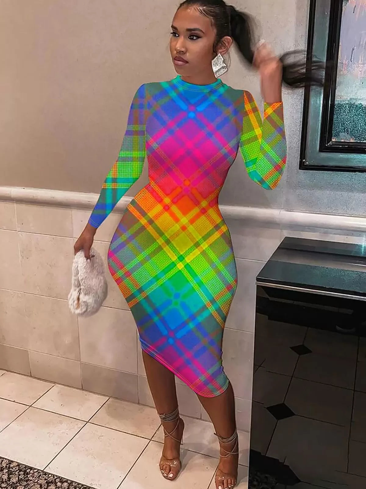 Graphic High Neck Mock Regular Sleeve Bodycon Dress